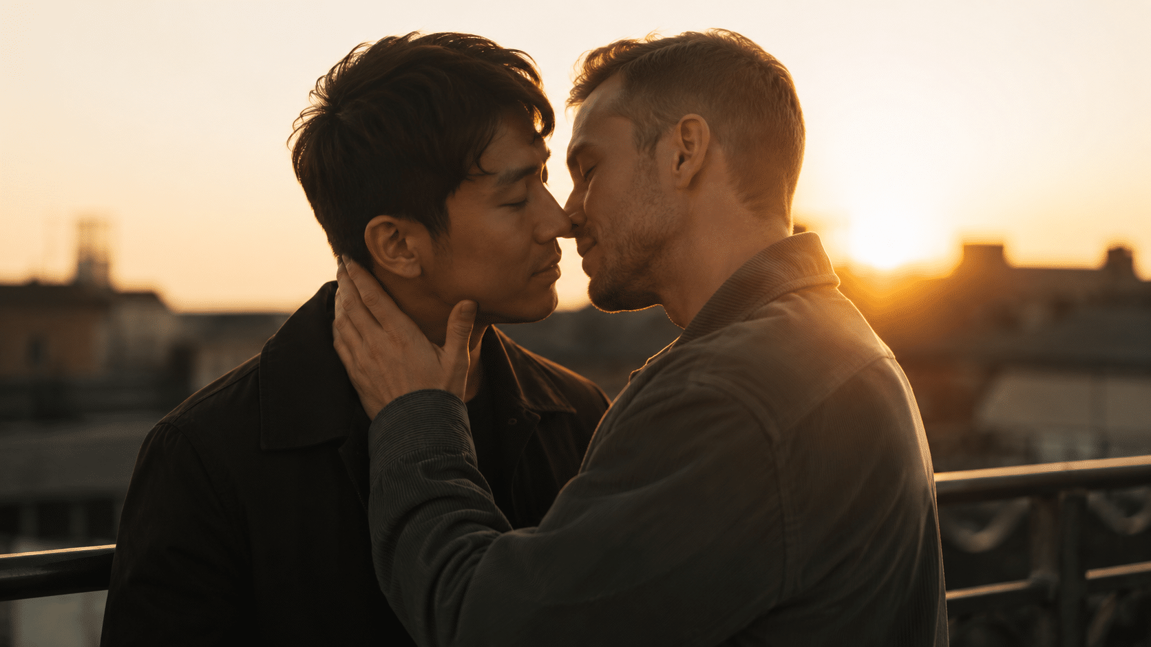 Zwei junge Männer stehen sich bei Sonnenuntergang auf einer Dachterrasse liebevoll gegenüber und teilen einen intimen Moment voller Vertrauen und Nähe.